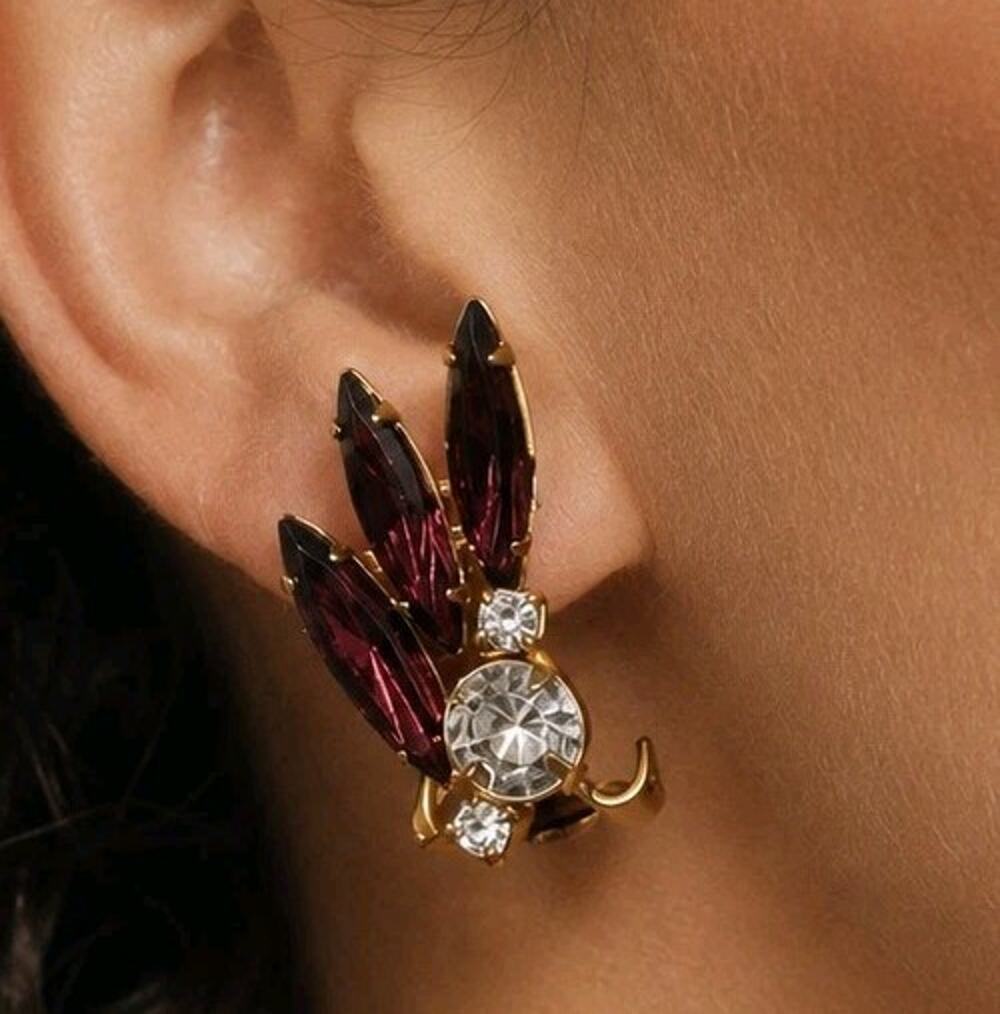 Vintage Clip On Earrings Purple Navette Rhinestones w/Clear Round Cocktail